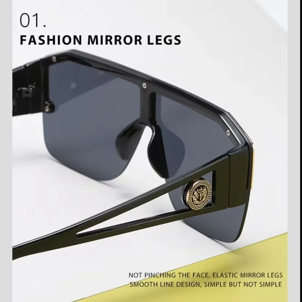 Oversized Black Shield Sunglasses with Gold Trim